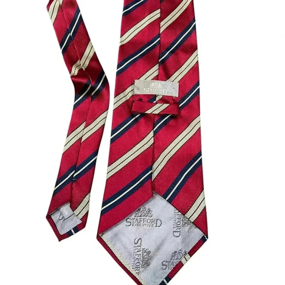 Stafford Executive 100% Silk Tie Red Blue & Gold Stripes Men's Luxurious - Picture 5 of 6